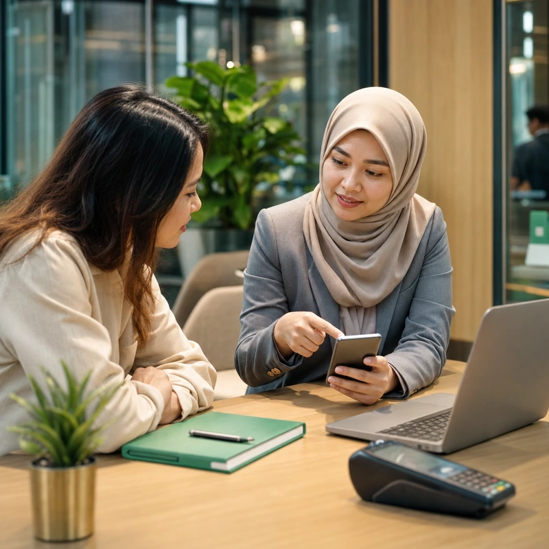 Financial services professionals in Malaysia reviewing mobile customer communications